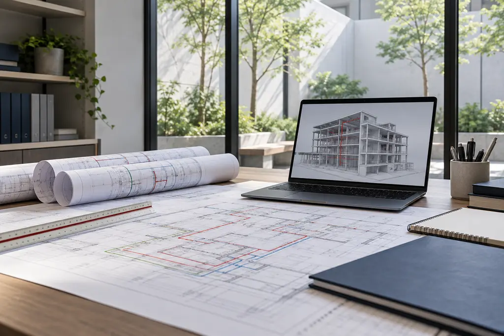 Conceptual fire engineering workspace with architectural drawings and a building model