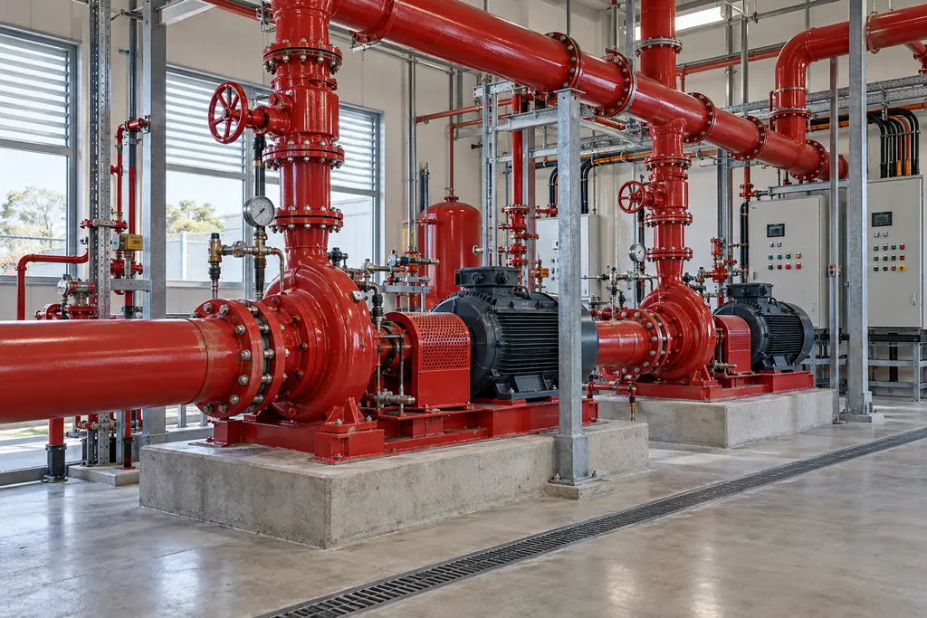 Conceptual fire pump room with electric pumps, valves and pressure instrumentation