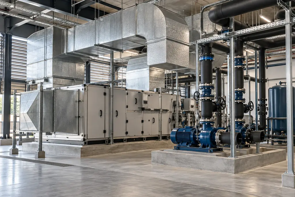 Conceptual mechanical plant room with ventilation equipment, pumps and coordinated piping